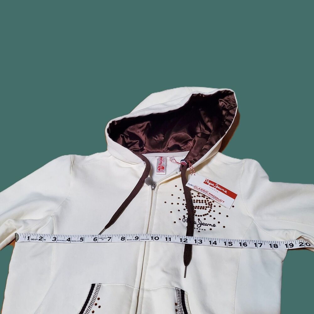 NWT Vintage Pepe Jeans London Y2K Rhinestone Cream and Brown Hoodie - Picture 6 of 8